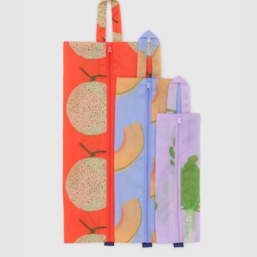 NWT Baggu 3D Zip Set - Japanese Produce (Cantaloupe Blue, Daikon Pink, Yubari) - Picture 3 of 7